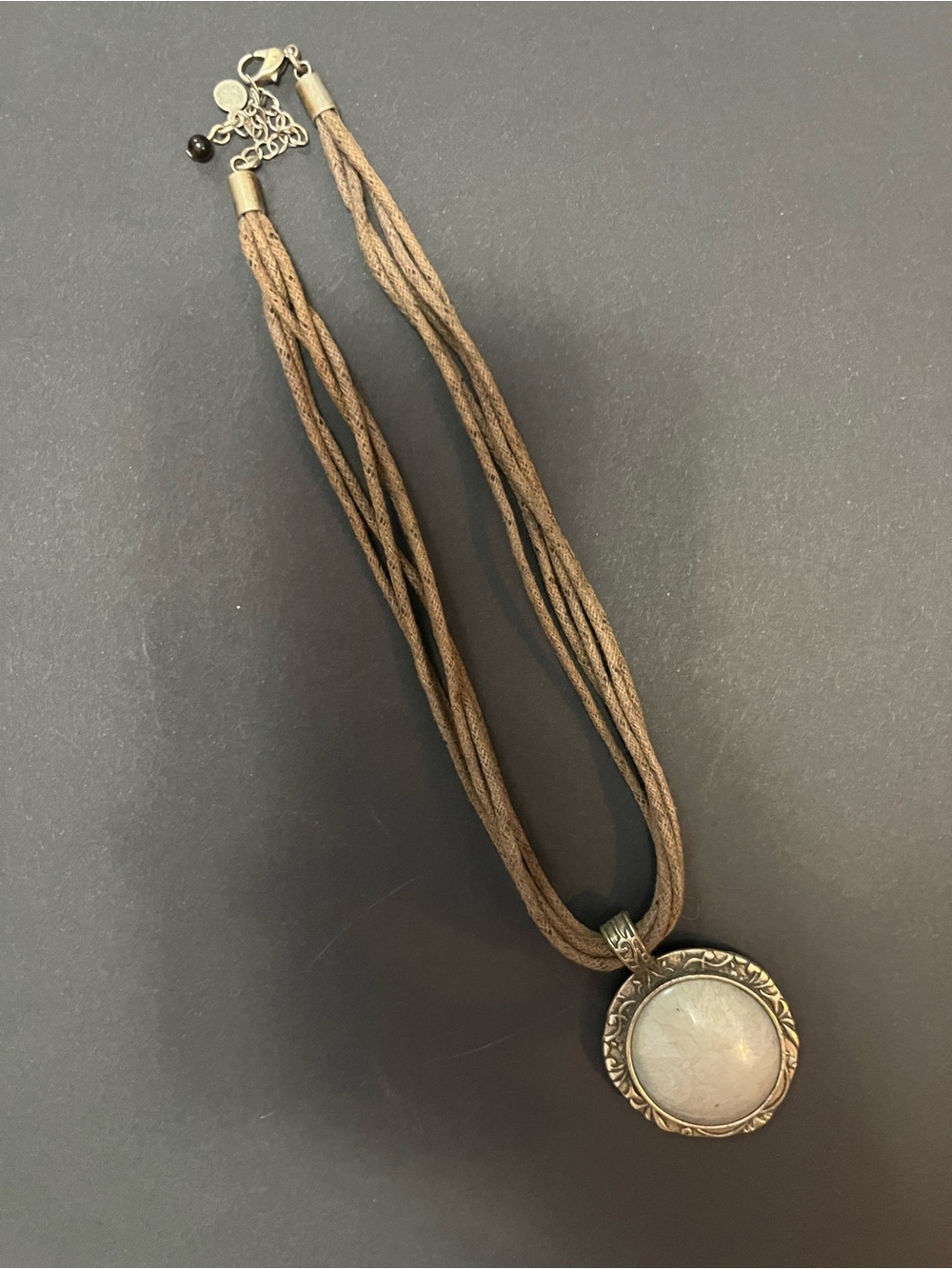Brown Cord Necklace with Round Silver-Tone Pendant